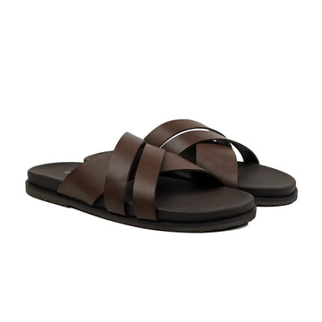 Men’s Premium Leather Cross Strap Sandals – Classic Brown Slip-On Sandals